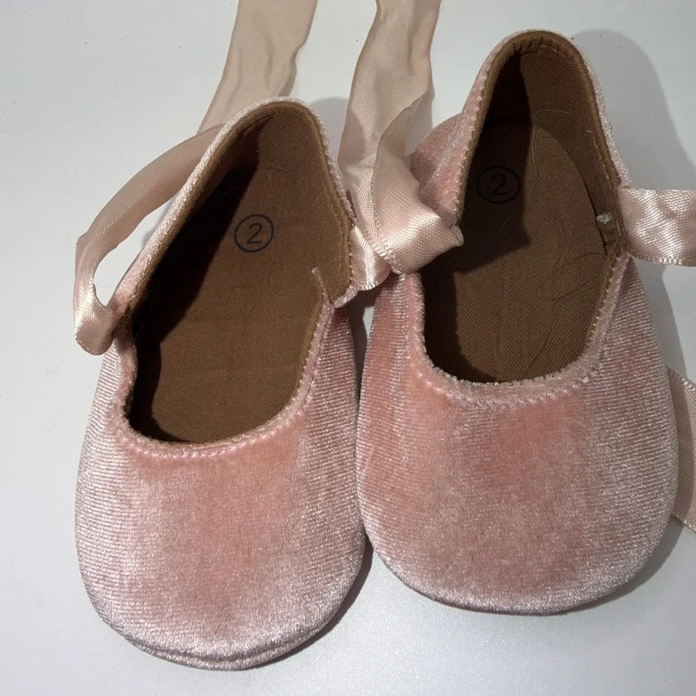 Unbranded Baby Size 2 Pink Velvet Ballet Flats Ribbon Tie Coquette Dress Shoes